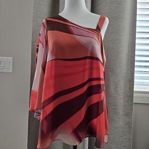 Le Cheateau, One Shoulder Chic Orange, Brown and Cream Striped Blouse, Small